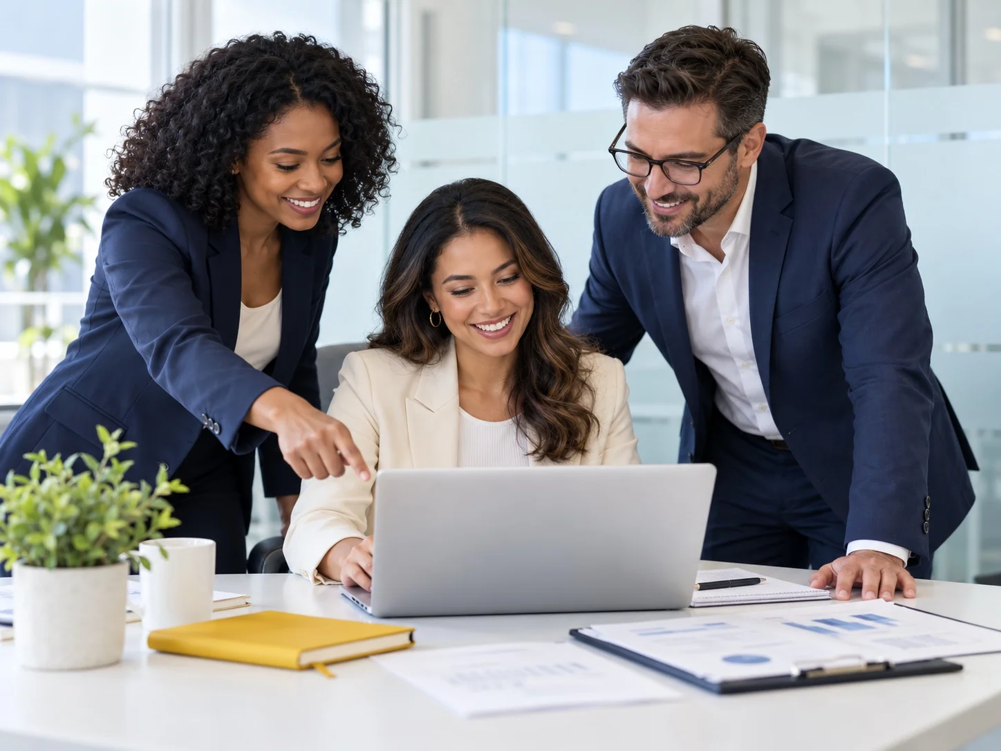 Illustrative business team reviewing information together